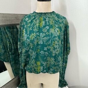 Free People Green Puff Sleeve Ruffled Blouse